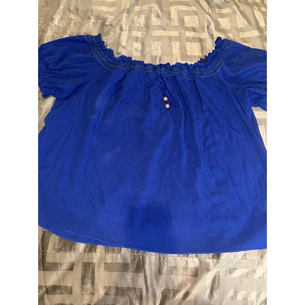 Shein Curve Blouse Womens 4XL Blue Off Shoulder Lace Trim Boho Short Sleeve
